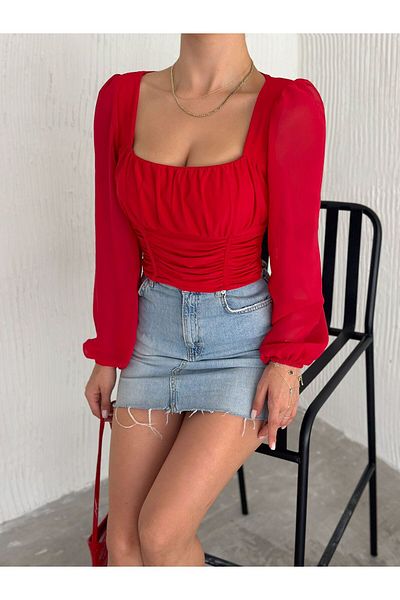 ELBEY Long Sleeve Chiffon Blouse - Gather Detailed
