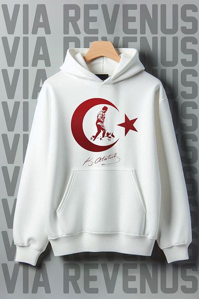 Vordevia Ataturk and Moon Star Printed - Ribbed Wide Fit Kangaroo Pocket Hooded Sweatshirt 3 Thread