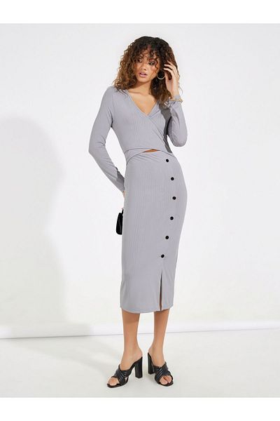 Styli Button Detail Front Slit Bodycon Midi Dress