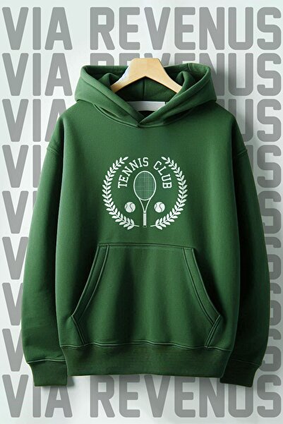 Vordevia Hanorac verde cu glugă pentru club de tenis cu buzunar cangur imprim...