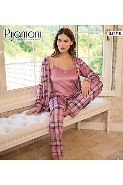 Pijamoni Kadın 3 Lü  Kadife  Ekose Pijama takımı