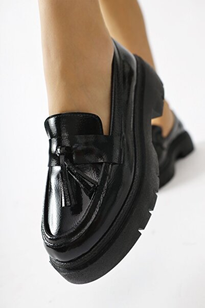 Limoya Linni Black Wrinkled Patent Leather Tasseled Moccasin, Women's Loafer Shoes