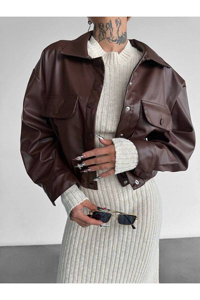 İLKCET MODA Jachetă de damă în stil crop cu buzunare
