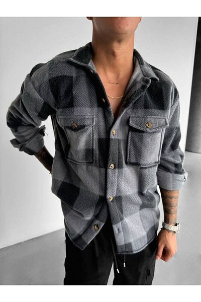 İLKCET MODA Unisex oversize kostkovaná fleecová košile