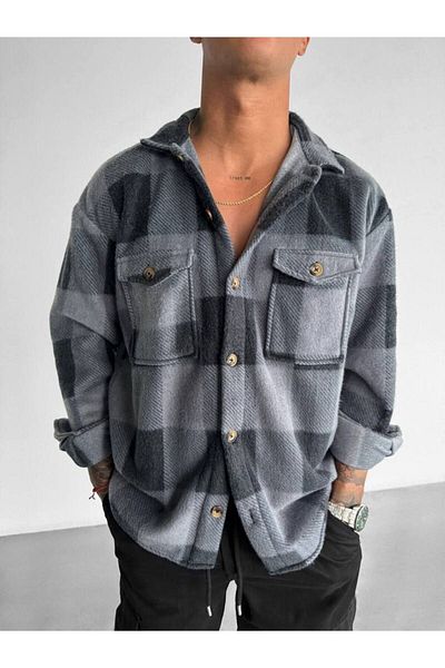 İLKCET MODA Unisex oversize kostkovaná fleecová košile