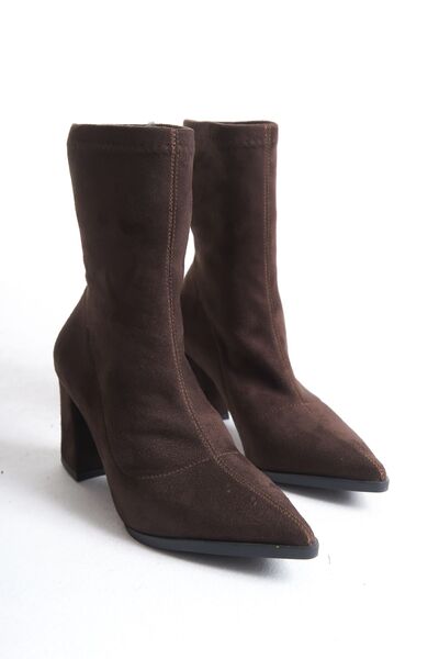 SEEM & BE Amber Sivri Burunlu Kalın Topuklu Streç Kadın Süet Kahverengi Bot