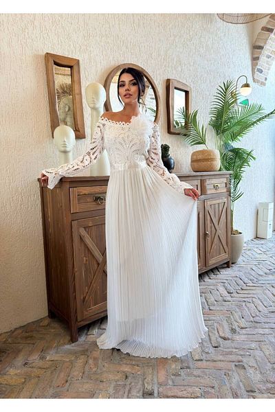 1Moda1Tarz Γυναικείο λευκό εισαγόμενο ύφασμα δαντέλας με ροζ αξεσουάρ Πλισέ φόδρα σχεδιαστή