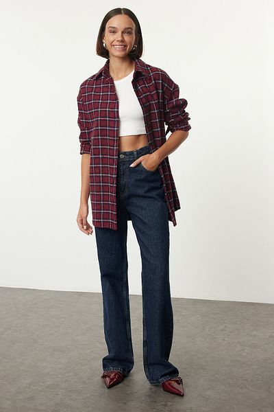 Trendyol Collection Cămașă țesătă supradimensionată în carouri bordeaux - Wide Fit TWOAW25GO00103