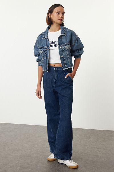 Trendyol Collection Magas derekú sötétkék széles lábú farmernadrág - fenntartható Twoaw25Je00262