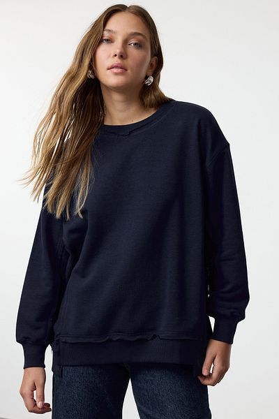 Trendyol Collection Polár sötétkék túlméretezett pulóver - vastag belső felület TWOAW25sw00185