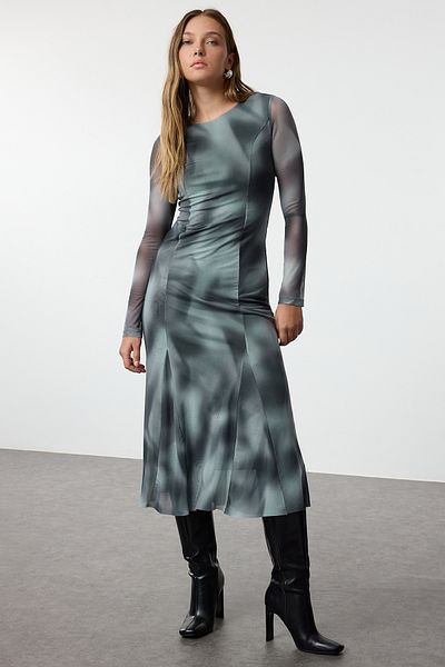 Trendyol Collection Crew Neck Midi Knitted Dress with Ruffle Skirt - Multicolored and Patterned Twoaw25el00402