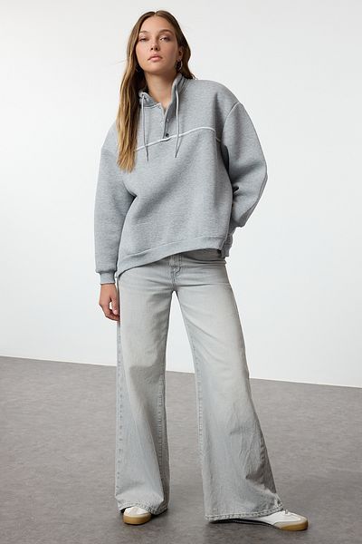 Trendyol Collection Fleecová šedá mikina Melange Oversize – silná vnitřní se zapínáním na patentky Twoaw25sw00205