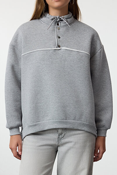 Trendyol Collection Fleecová šedá mikina Melange Oversize – silná vnitřní se zapínáním na patentky Twoaw25sw00205