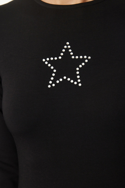 Trendyol Collection Černá pletená halenka se vzorem Star Stone – padnoucí na tělo, Twoaw25Bz00258