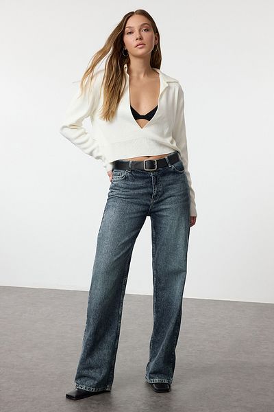 Trendyol Collection Polo Collar Ecru Thin Knitwear Crop Sweater - Twoaw25Kz00041
