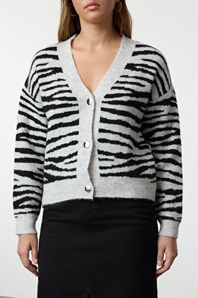 Trendyol Collection Zebra vzorovaný šedý pletený cardigan - měkká textura Twoaw25Hi00219