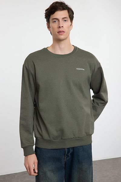 Trendyol Collection Unisex Khaki Oversize Crew Neck Slogan Fleece φούτερ - TMNAW25SW00162