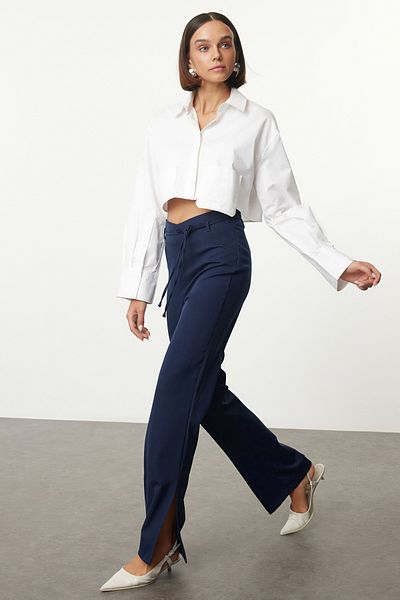 Trendyol Collection Sötétkék V derékrészlet szőtt szövet nadrág TWOAW25PL00044