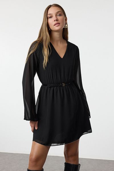 Trendyol Collection Μίνι φόρεμα σιφόν με ανοιχτή μέση - Μαύρη φόδρα, TWOAW25EL00570