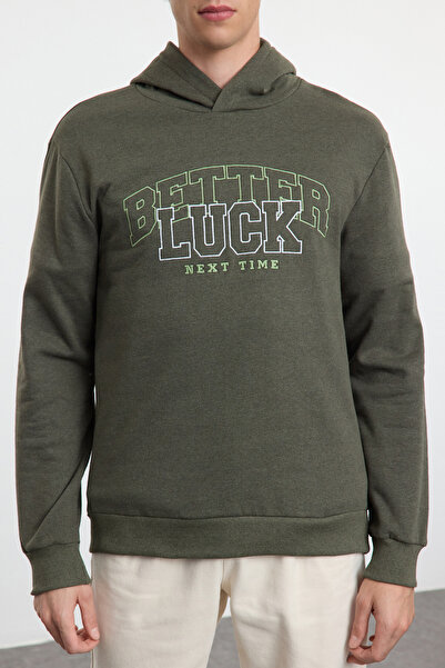 Trendyol Collection Khaki Regular/Normal Cut Text Embroidered Hooded Sweatshirt Tmnaw25Sw00154