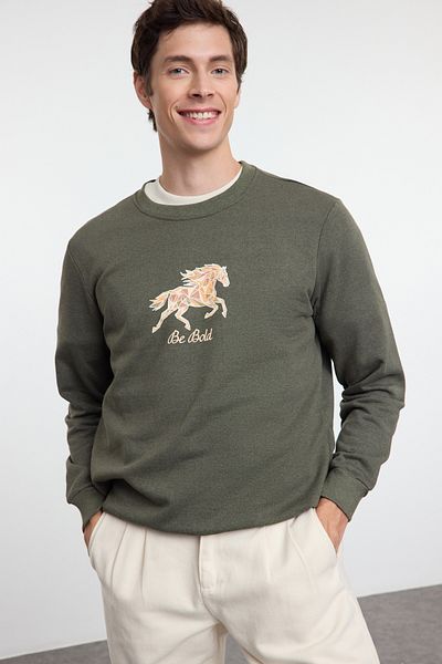 Trendyol Collection Mikina khaki se zvířecím potiskem – fleecová, Regular Fit Tmnaw25Sw00152