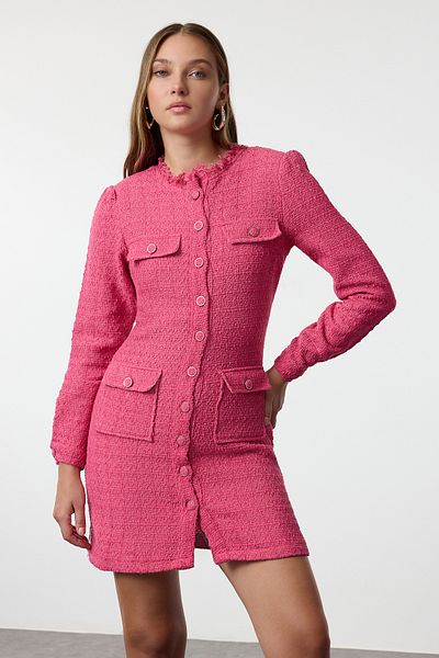 Trendyol Collection Tweed υφαντό ίσιο ροζ φόρεμα - TWOAW24EL00405
