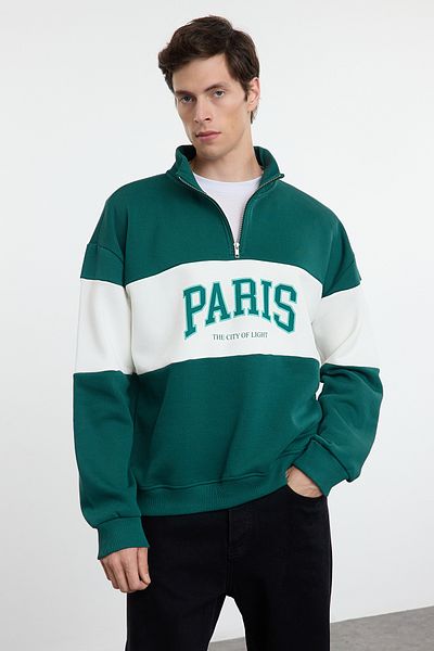 Trendyol Collection Barva Blocked Emerald Green Oversize mikina - stojáček na zip Tmnaw25Sw00104