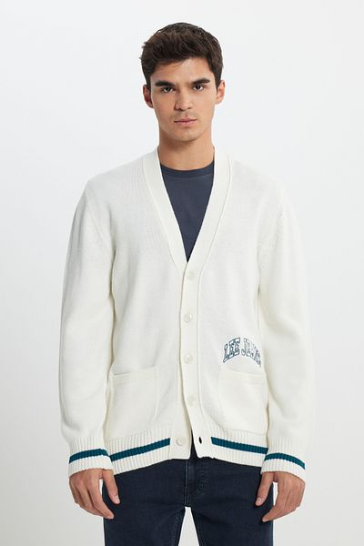 Lee Ecru Herren-Strickjacke mit normaler Passform, normaler Passform, Stehkragen