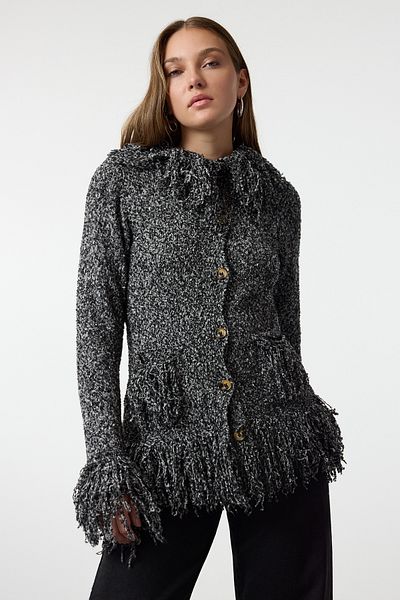 Trendyol Collection Black Fringe Coat Look Cotton Knitwear Cardigan Twoaw25Hi00233