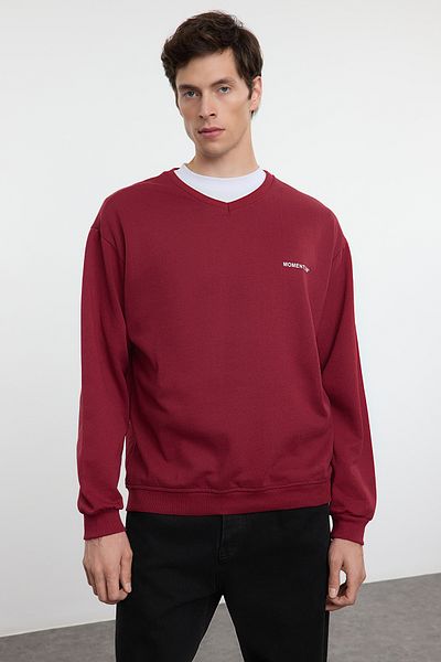 Trendyol Collection Unisex Burgundy V-Ausschnitt Fleece Oversize Sweatshirt - TMNAW25SW00157