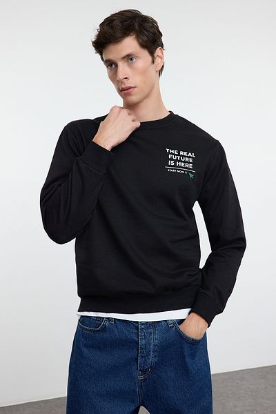 Trendyol Collection Черен суитшърт с кръгло деколте и текст с щампа - Tmnaw25Sw00179