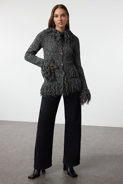 Trendyol Collection Black Fringe Coat Look Cotton Knitwear Cardigan Twoaw25Hi00233