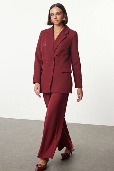 Trendyol Collection Burgunderrote, gewebte Blazerjacke mit Knopfdetail TWOAW23BC00023