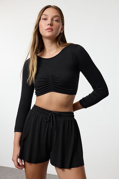 Trendyol Collection Seamless Super Crop Sports Top - Drawstring Detail, Black Knitted Thmaw25Bz00007