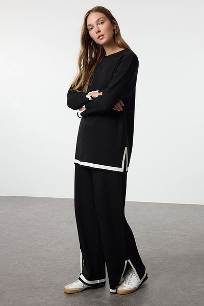 Trendyol Modest Ecru Black Piping Knitwear Top and Bottom Set Tctaw25Us00043