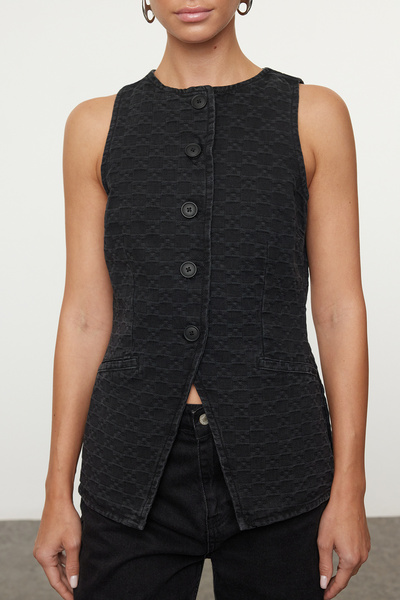 Trendyol Collection Jacquard Black Denim Vest - Fitted, Twoaw25Ye00090