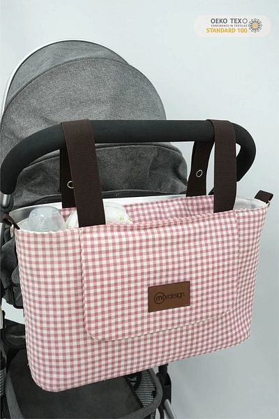 mordesign حقيبة تنظيم عربة الأطفال من سلسلة Gingham المقاومة للماء للأم والطفل - حقيبة العناية الذكية بالكتف