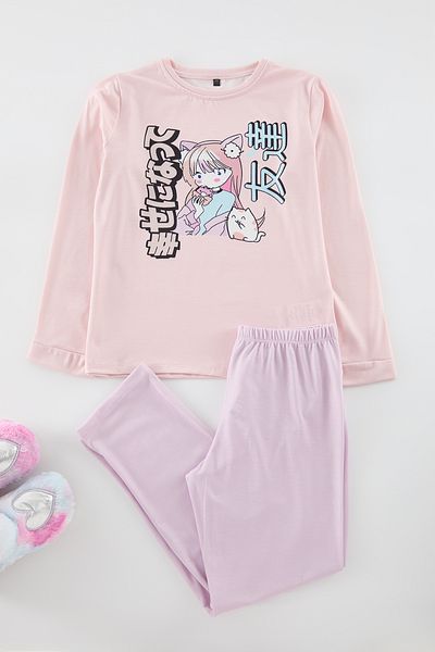 TRENDYOLKIDS Girl's Powder Printed Knitted Pajamas Set - Tkdaw25au00129