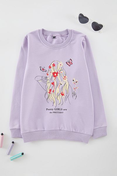 TRENDYOLKIDS Dívčí pletená mikina s šeříkovým potiskem - Crew Neck Tkdaw25Sw00043