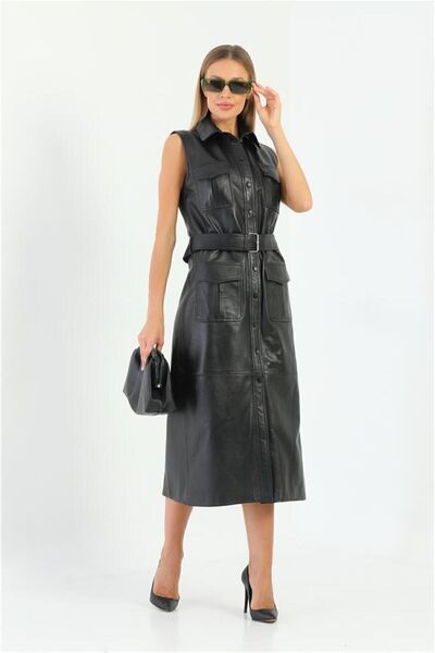 Felix Hardy Cep Ve Kemer Detaylı Kadın %100 Hakiki Deri Elbise - Siyah