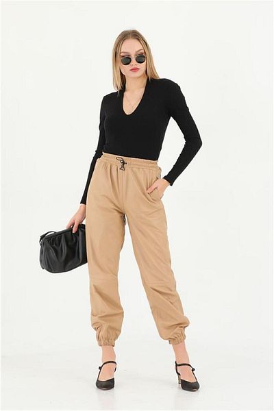 Felix Hardy Women's 100% Genuine Leather Trousers with Rope and Rubber Detail - Beige