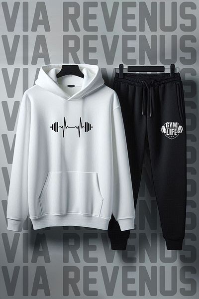Vordevia Unisex Gym Life Printed Hooded Tracksuit Set - Wide Fit, Soft Fabric