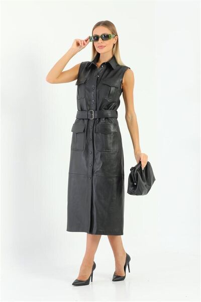 Felix Hardy Cep Ve Kemer Detaylı Kadın %100 Hakiki Deri Elbise - Siyah