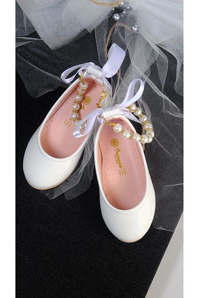 Pabrik Girl's Shiny White Ankle Pearl Ballet Flats