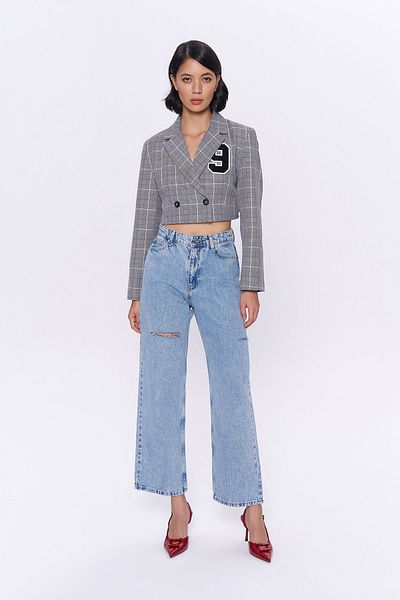 Quzu Γκρι Crop Blazer Jacket - Διπλά κουμπιά και καρό