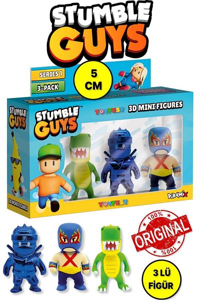 TOYFEST مجموعة شخصيات Stumble Guys Series 1 - 3D Mini مكونة من 3 قطع - 3 قطع Luchador T-Rex Chrome Dynamithron - 5 سم