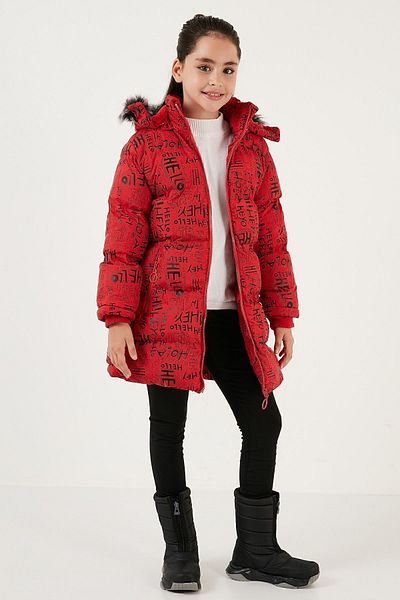 Lela Winter Coat with Faux Fur Text Print on the Collar and Removable Hooded Plush Lining for Girls