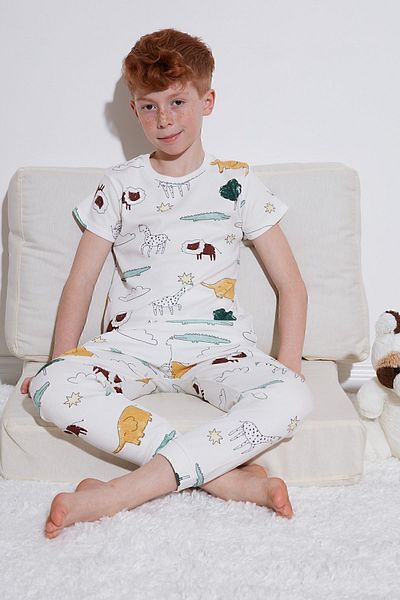 Lela Patterned 100% Cotton Crew Neck Pajama Set Boy's Pajama Set6651001