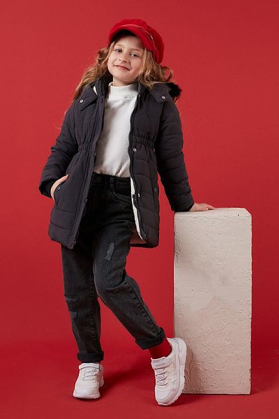 Lela Girl's Coat with Faux Fur Collar Plush Lining Hooded Pocket Coat 6035030