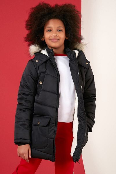Lela Girl's Coat with Faux Fur Collar and Plush Lining and Hooded Pocket 6034040